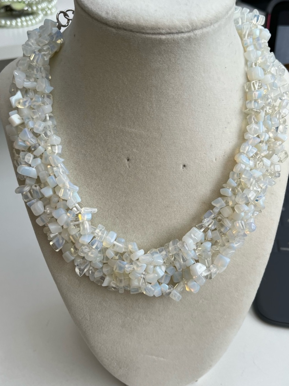 White Opalite chip statement necklace silver tone